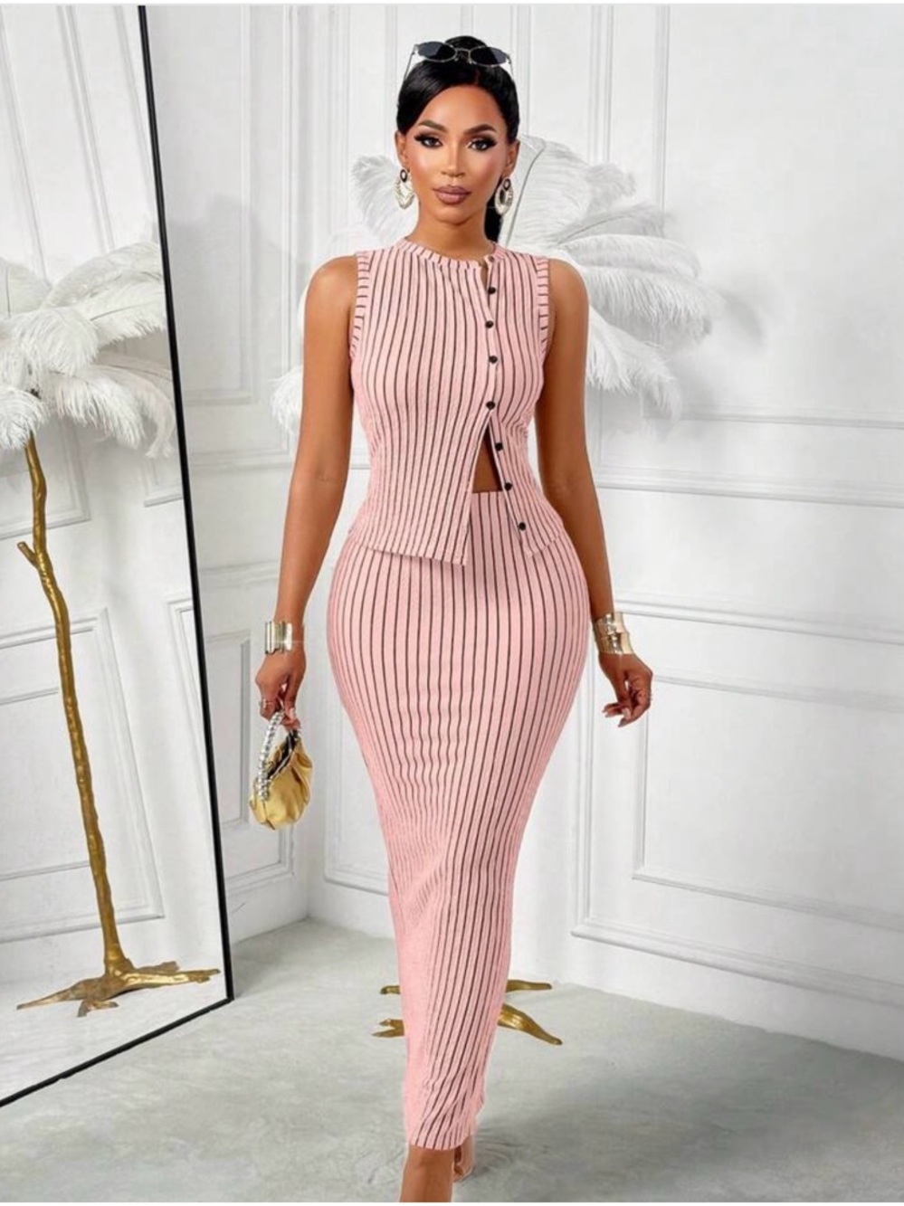 SHEIN Pink Ribbed Button-Accent Sleeveless Midi Dress